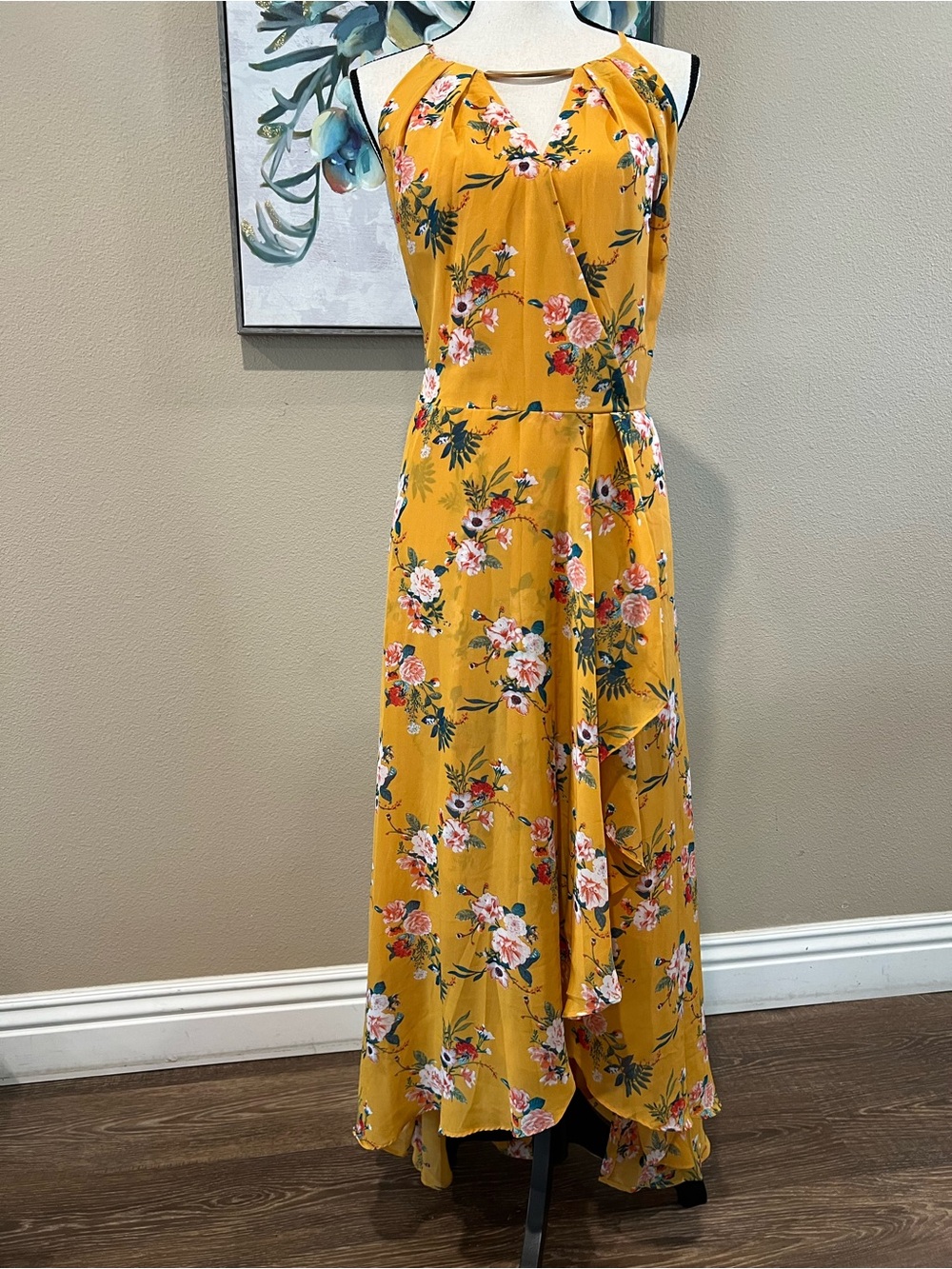 Floral Mustard Halter Maxi Dress - Women